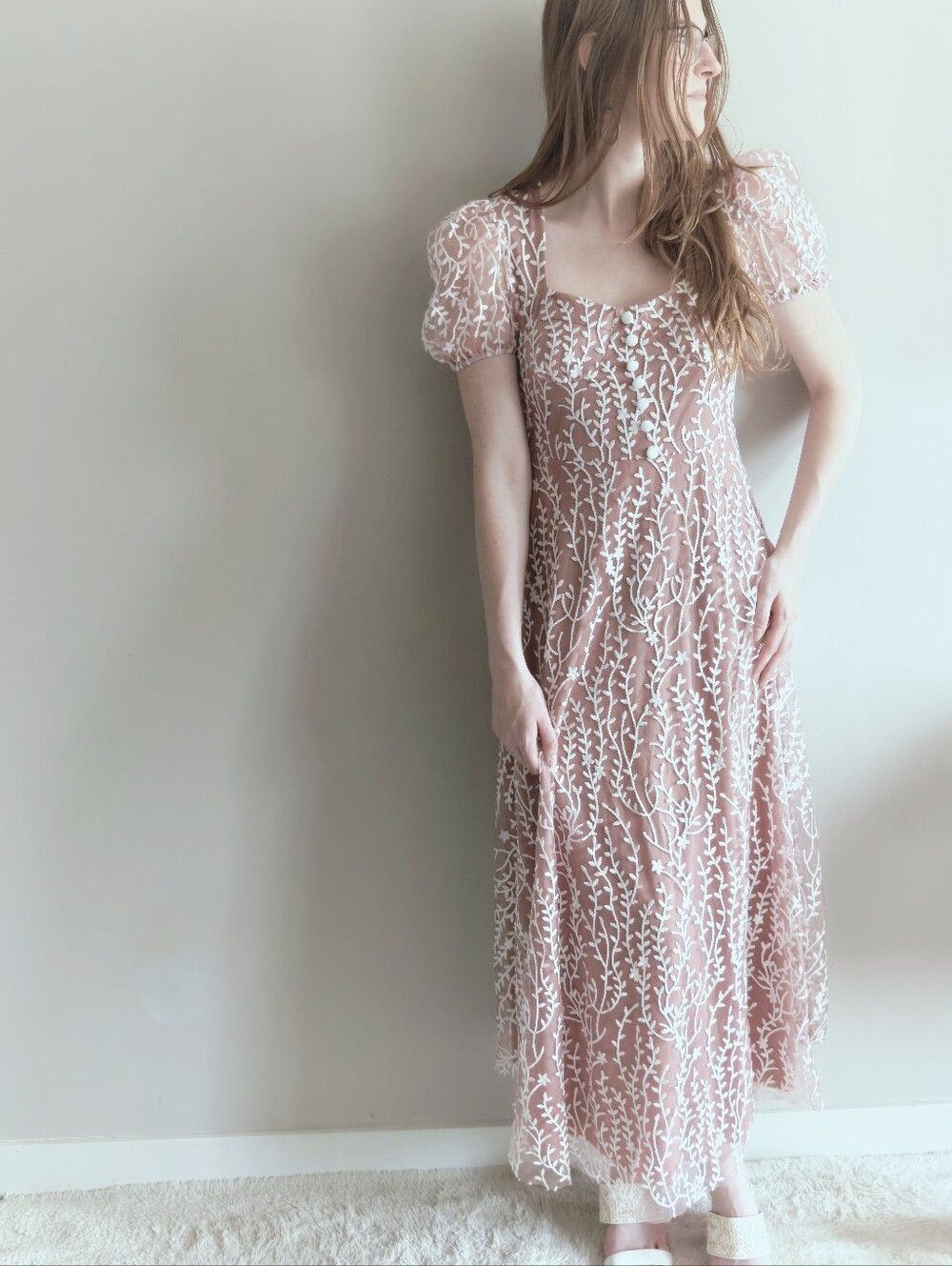 Orange Juice Embroidered Maxi Dress Puff Sleeve Dusty Rose Princesscore | Size S